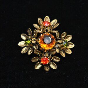 Vintage Floral Brooch with Orange & Green Glass Stones Made in Austria